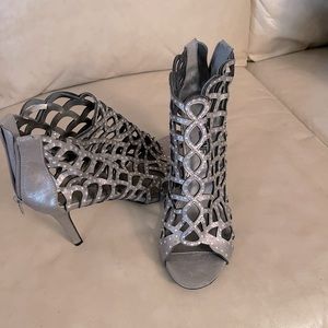 Madeline girl heel, sharp gladiator sparkle accent, back zipper, new